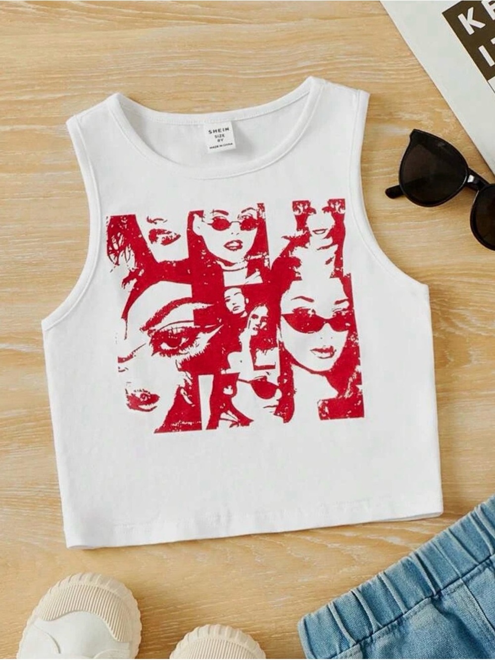 SHEIN White Crop Tank Top with Red Graphic Faces
